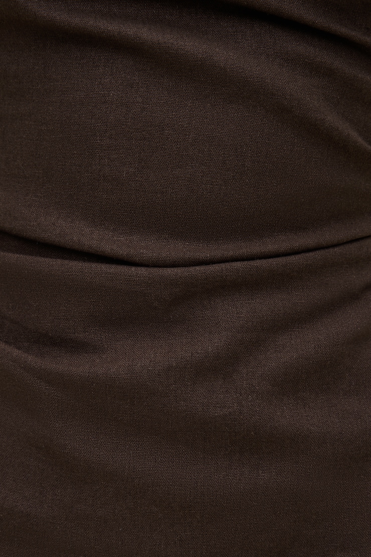 Linen Off Shoulder Mini Dress - Brown - Women Clothing