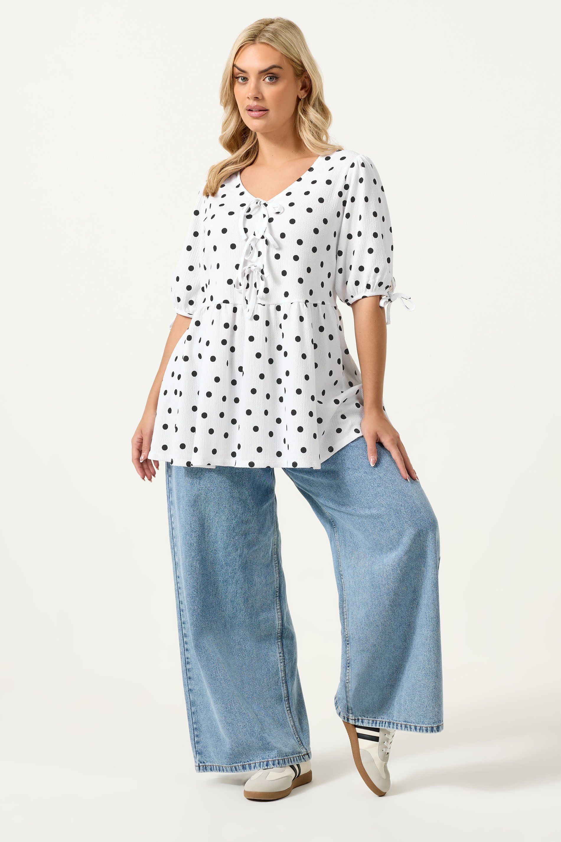 Yours Polka Dot Bow Front Peplum Top In White
