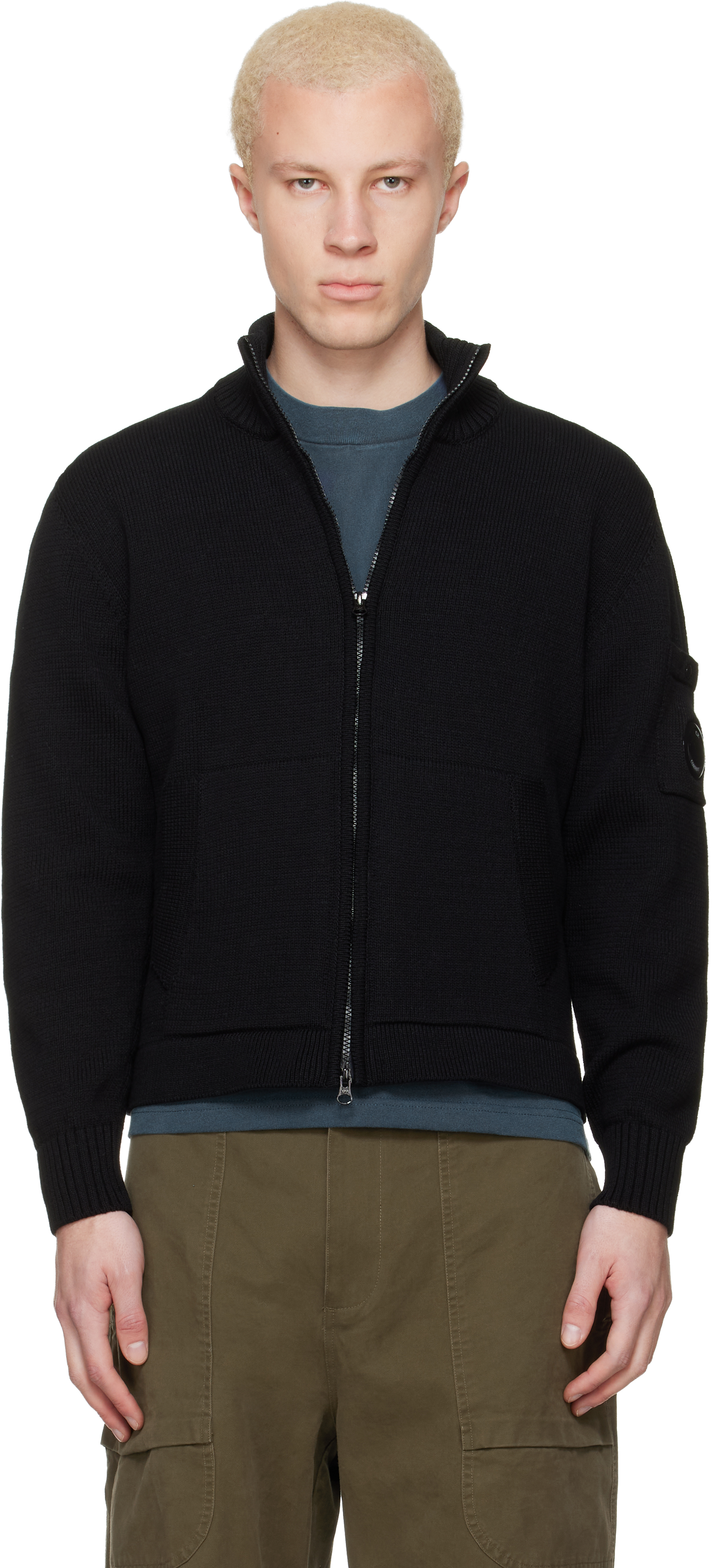 Black Compact Cotton Zipped Cardigan Sweater