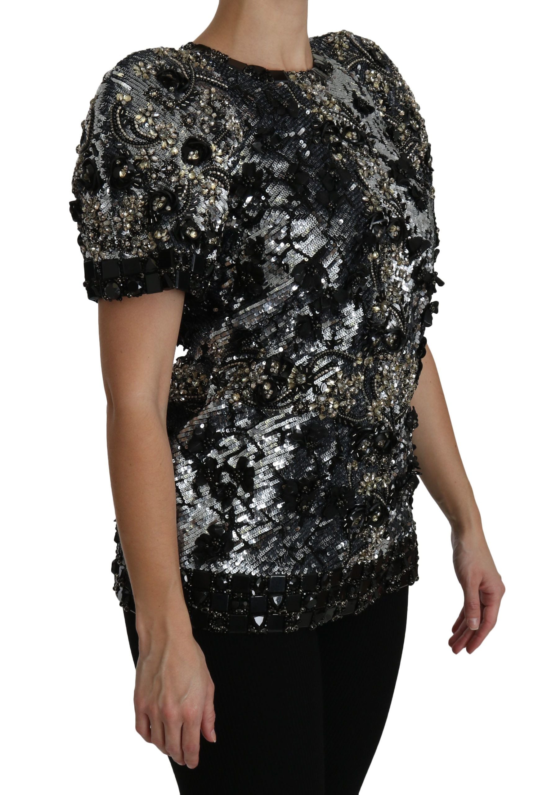 Sequined Crystal Embellished Blouse — Black