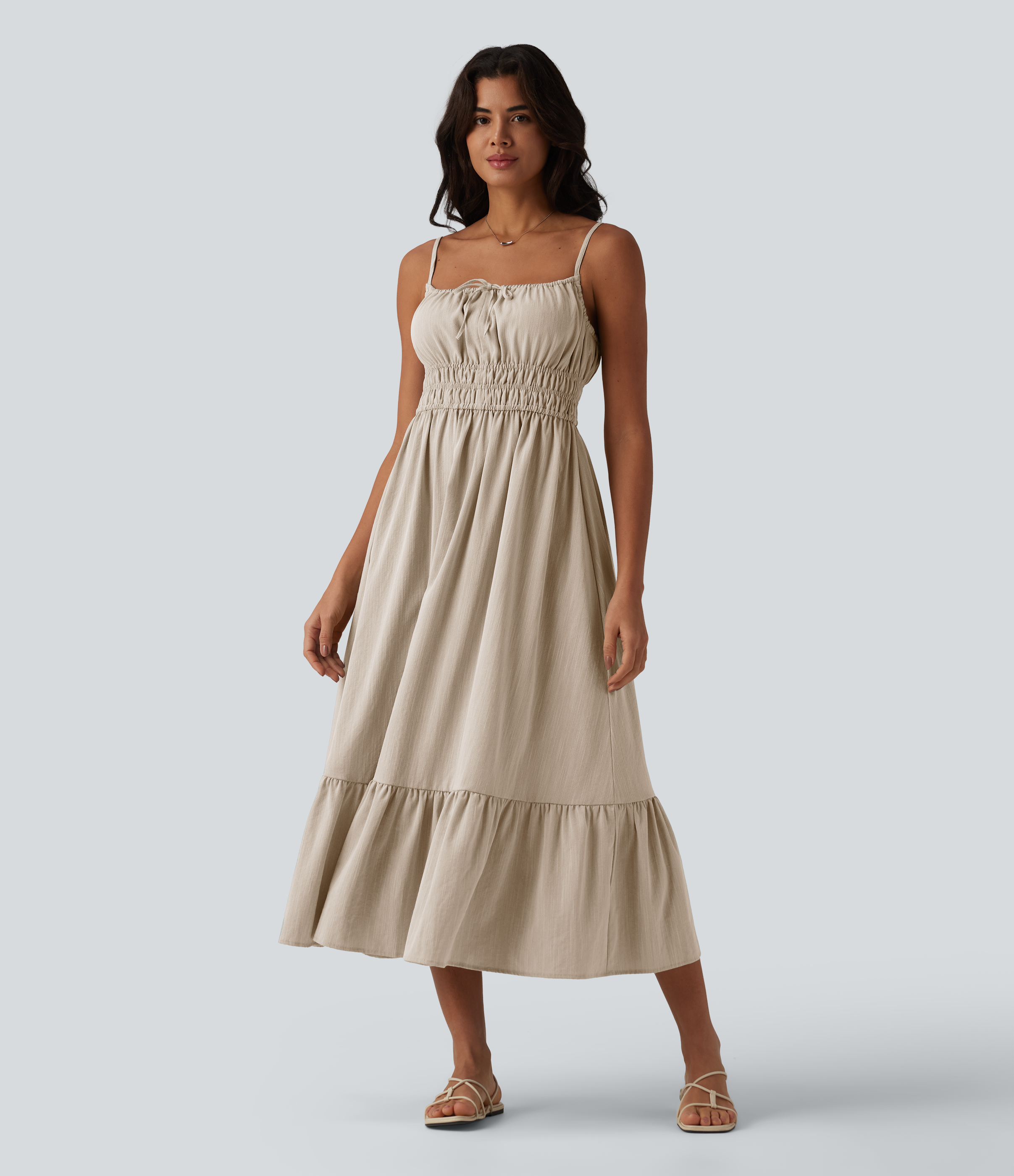 Tie Front Flowy Midi Casual Linen-Feel Slip Dress Casual Dress - Dune Mirage