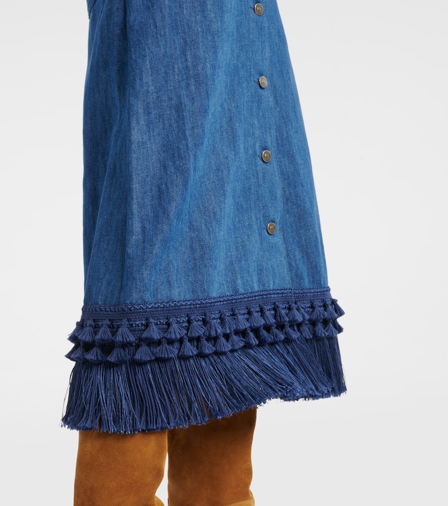 Fringed denim midi skirt