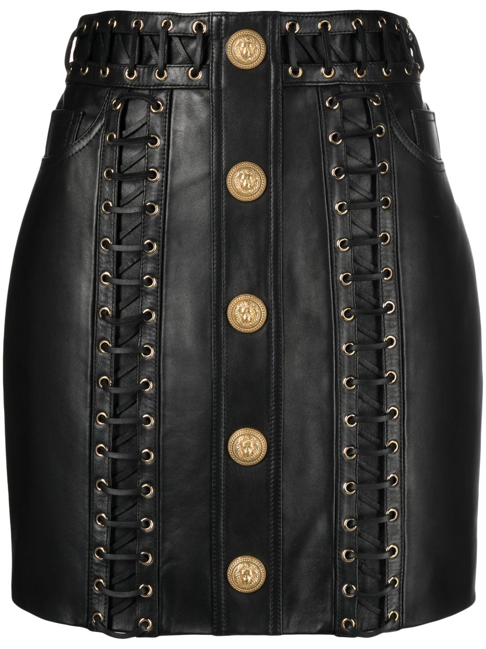 Eyelet-embellished buttoned leather miniskirt - Black