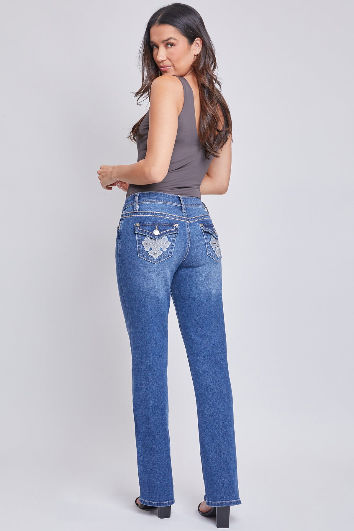 Women's Mid-Rise Studded Cross Flap Pocket Bootcut Jean