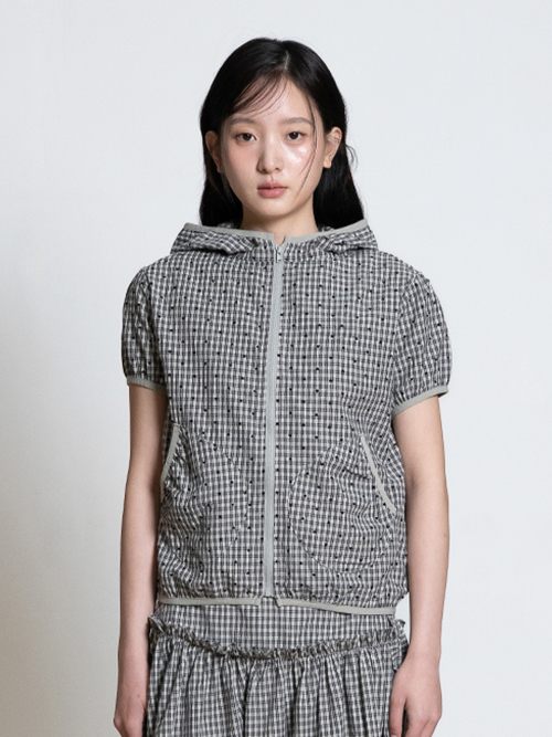 CHECK HALF SLEEVE HOOD ZIP-UP