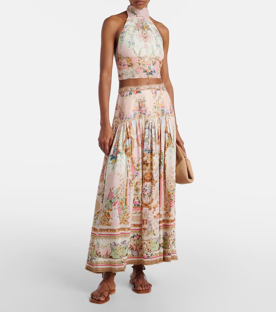Gathered linen and silk maxi skirt
