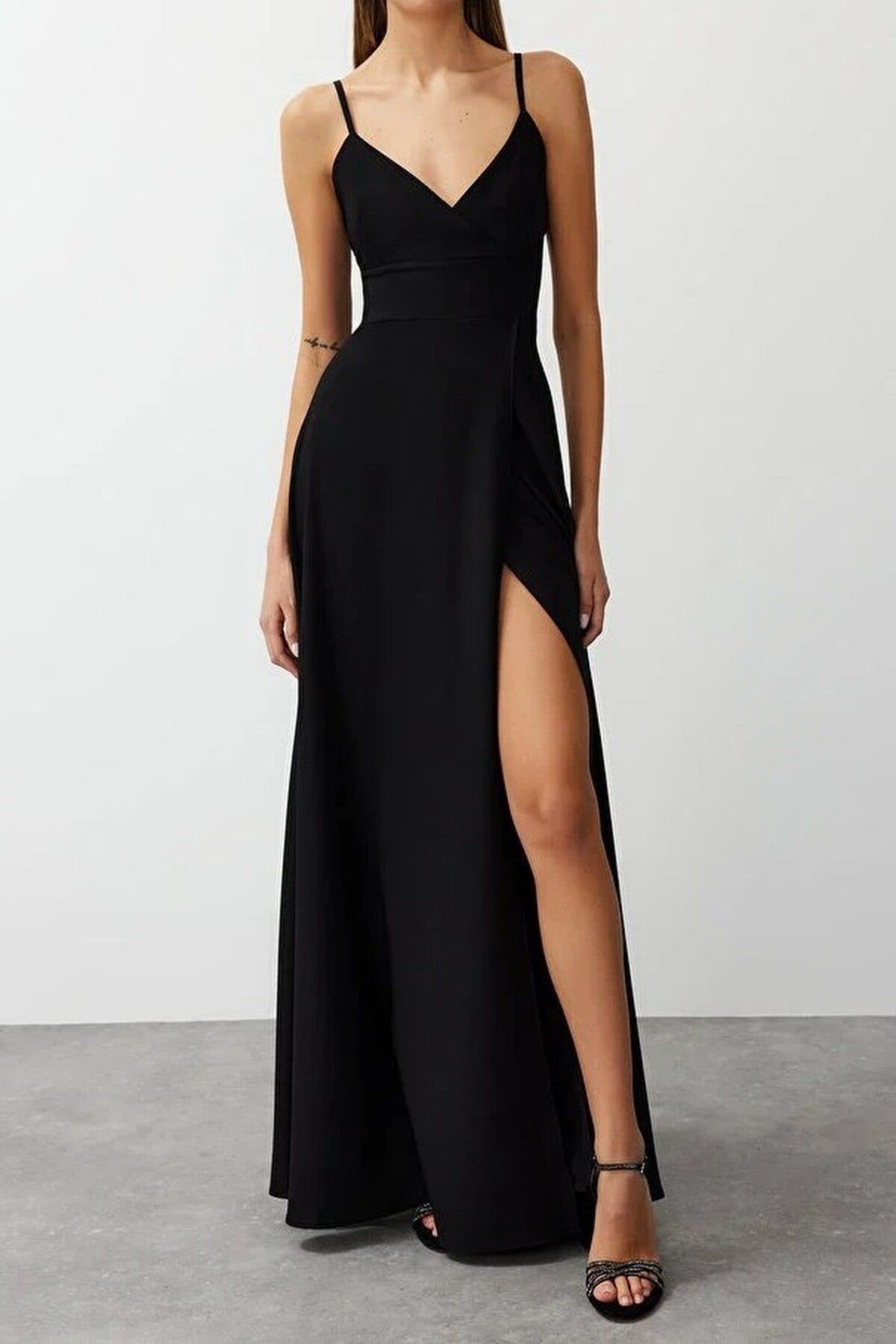 Wovcor Strappy Split Detail Maxi Evening Occasion Dress In Black