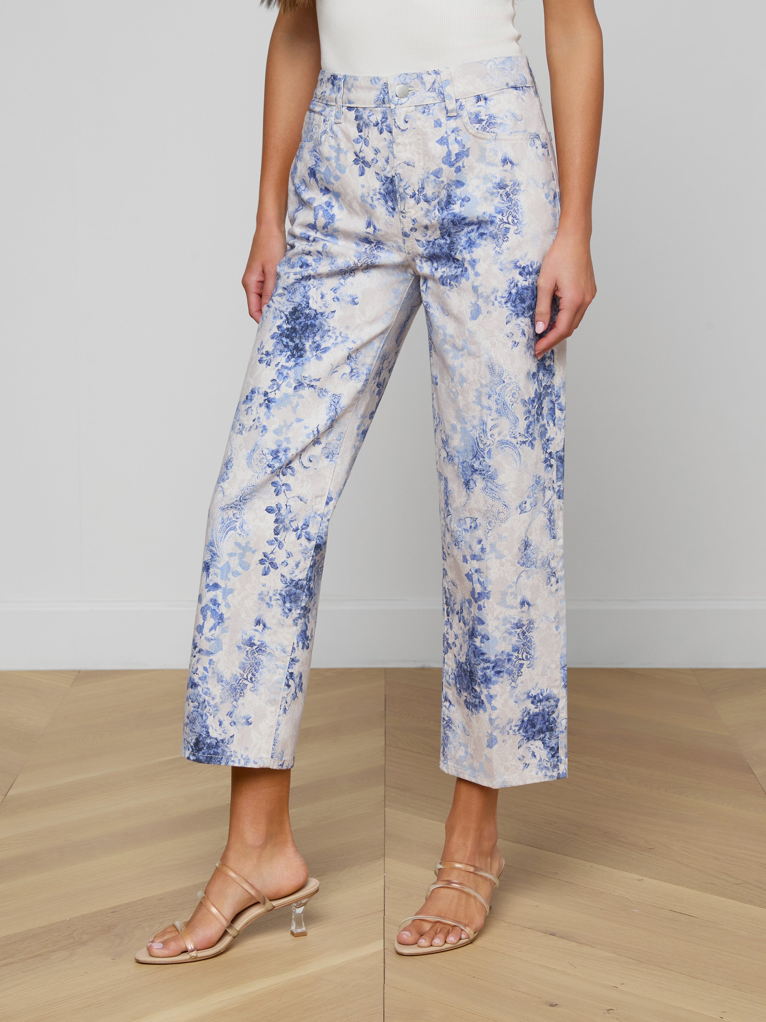 June Cropped Stovepipe Jean In Ivory/blue Watercolor Lace Paisley