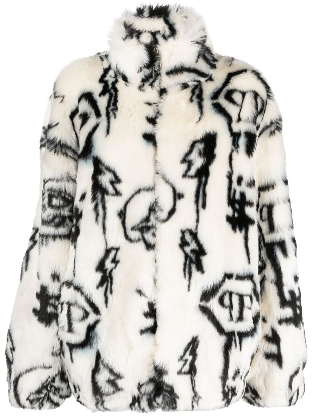 Monogram-print faux fur coat - White