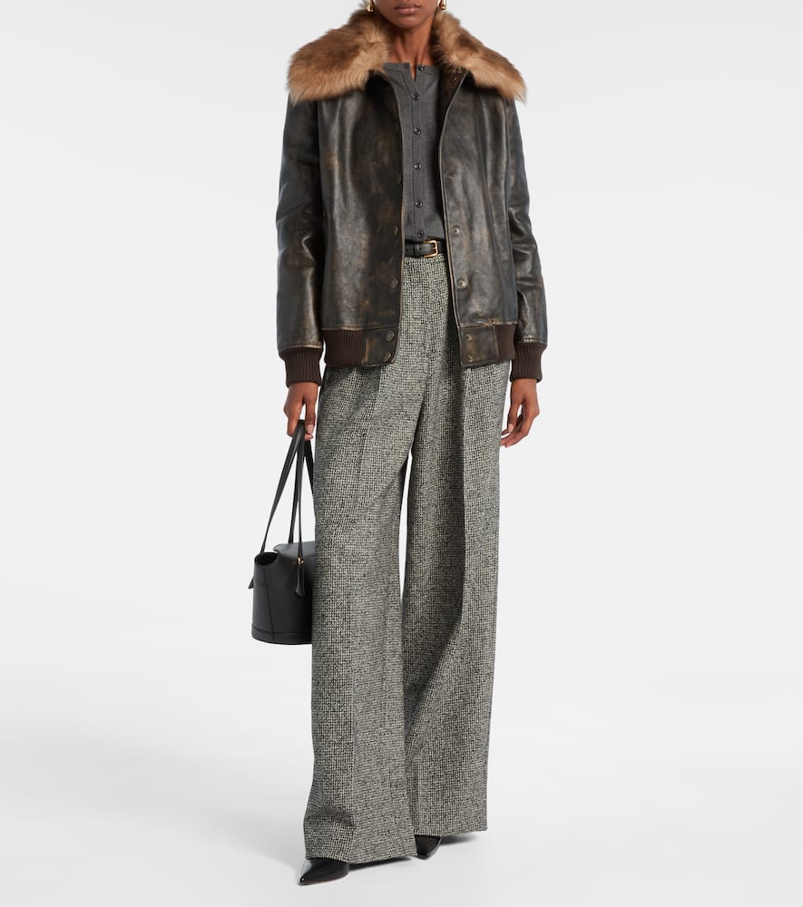 Shearling-trimmed leather bomber jacket