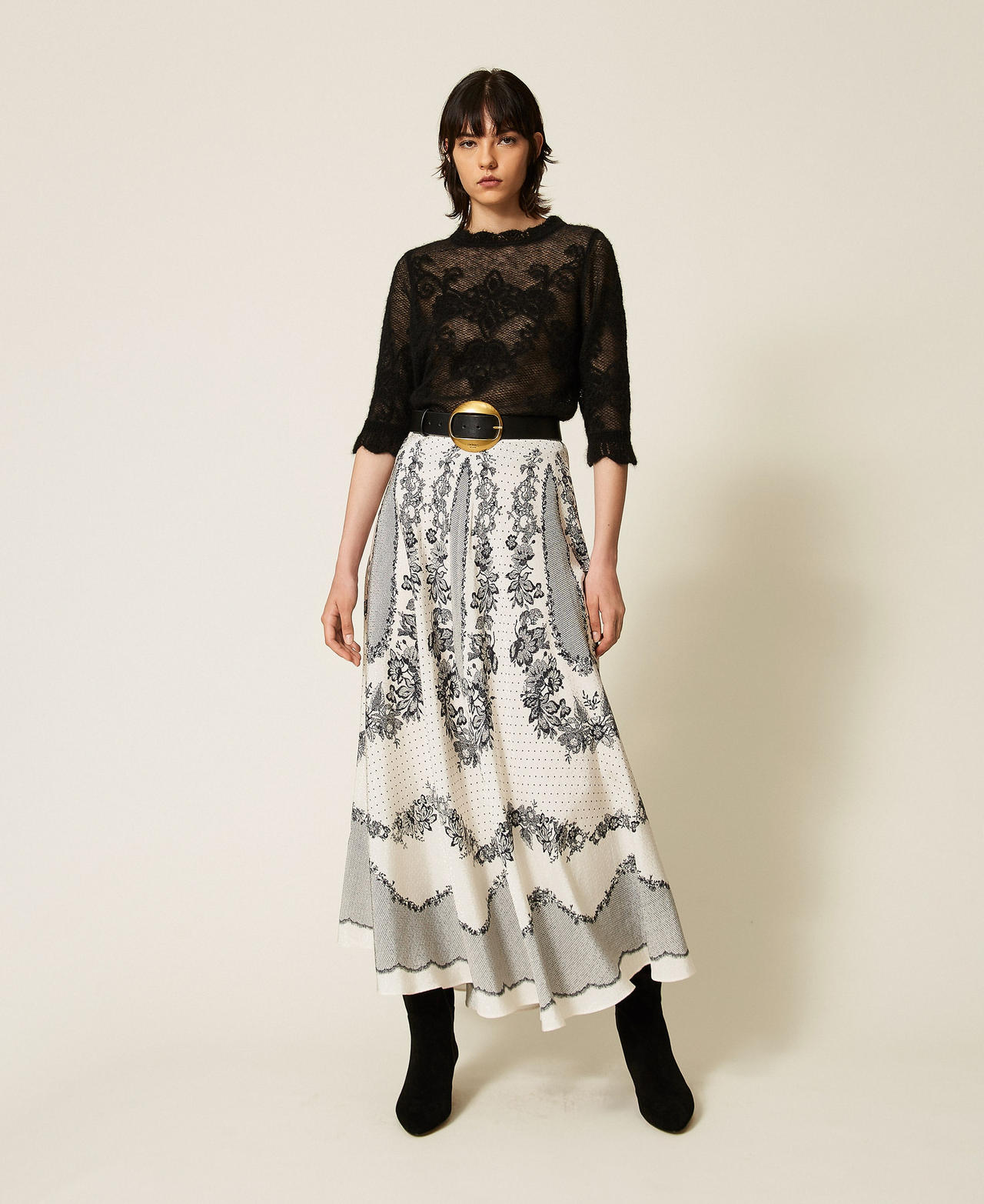 Jacquard satin long skirt with floral and polka dot pattern