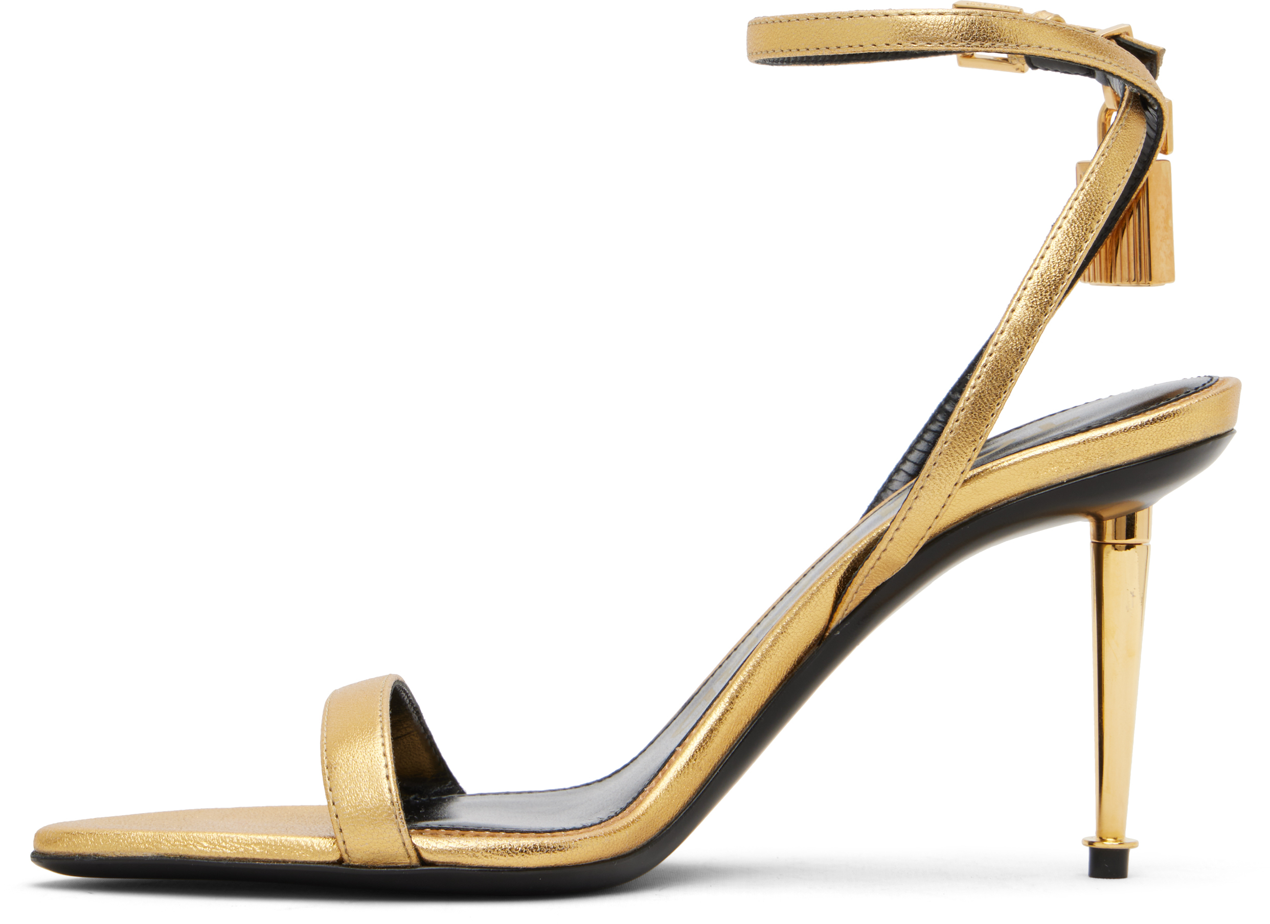 Gold Nappa Padlock Pointy Naked Heeled Sandals