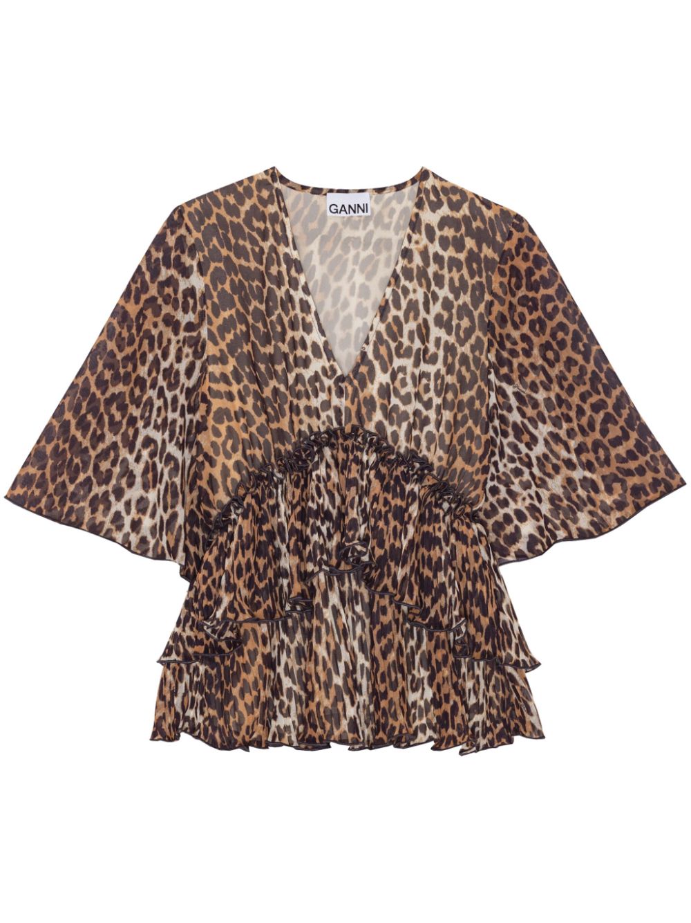 Leopard-print V-neck pleated blouse - Brown