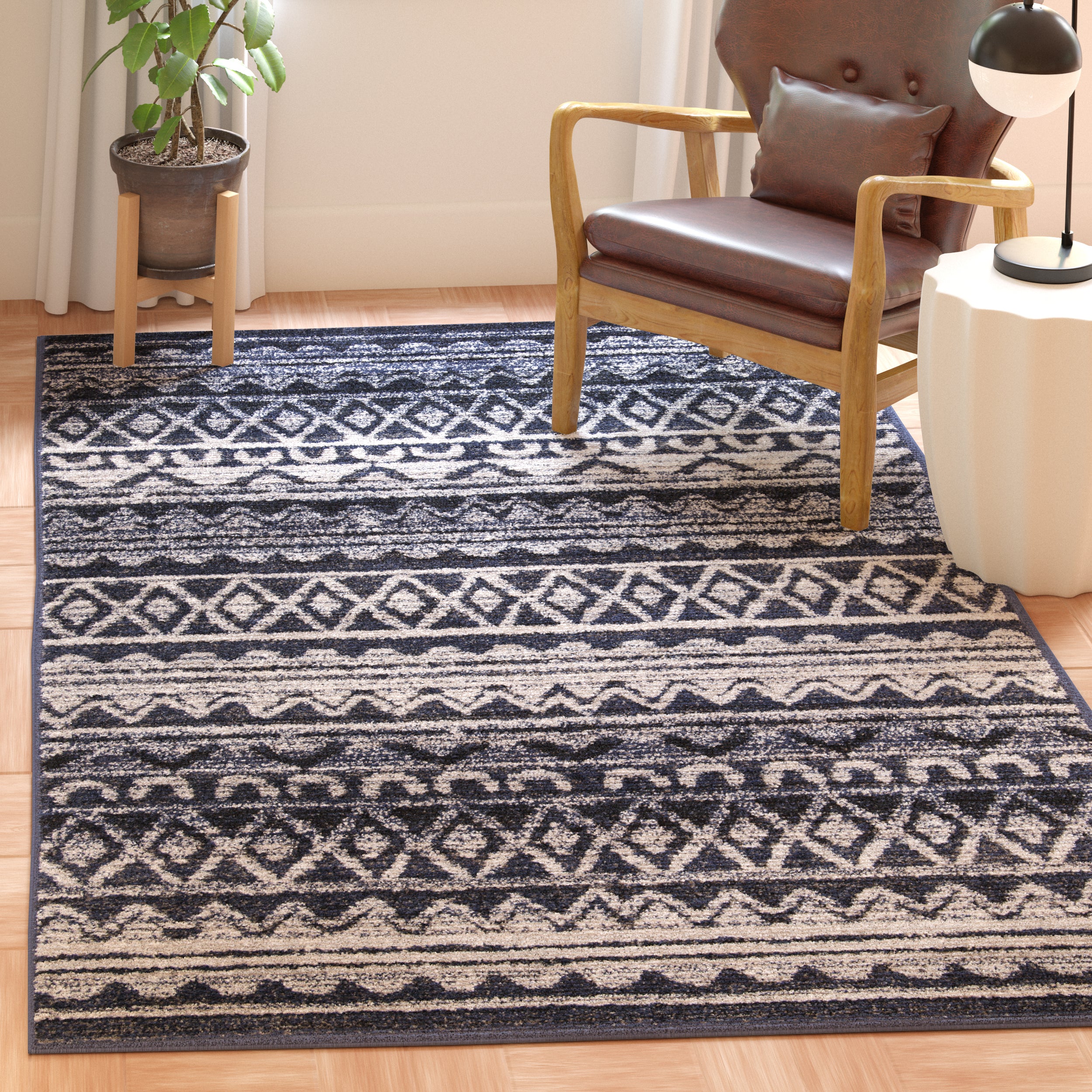 Adirondack Machine Made Area Rug, Ivory / Navy Transitional Style Easy Care
