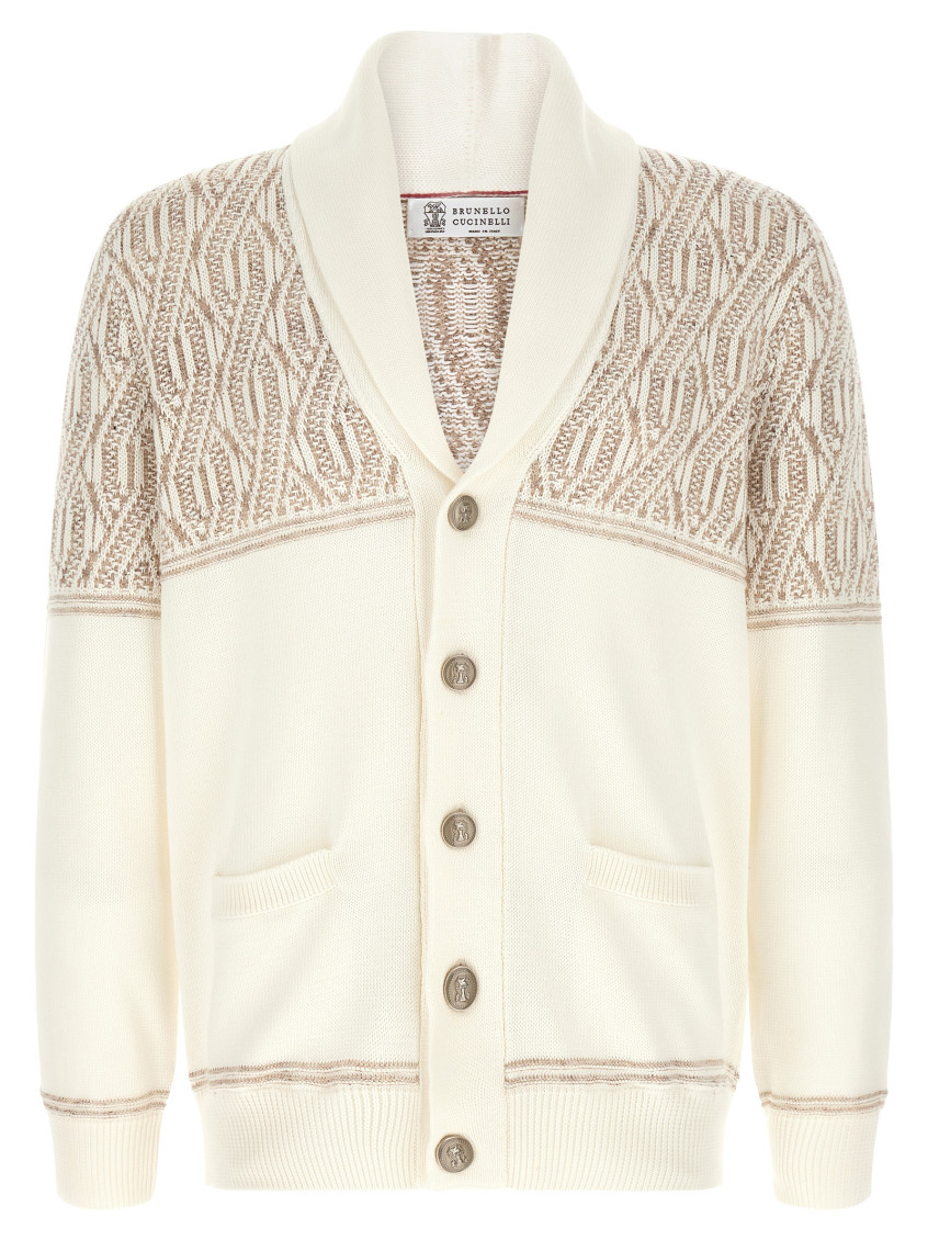 Beige Jacquard Shawl Neck Cardigan
