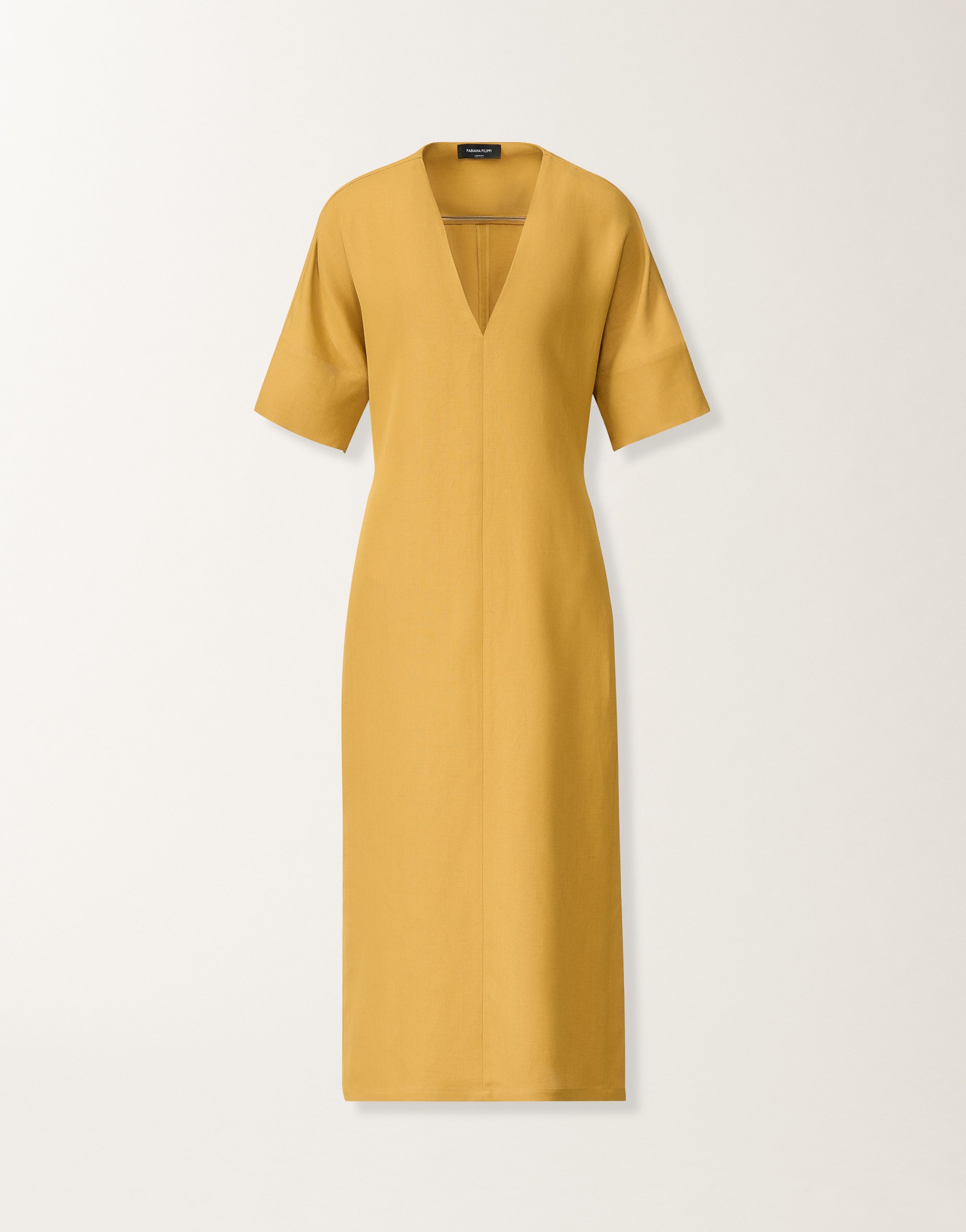 Fluid linen and viscose dress in mustard