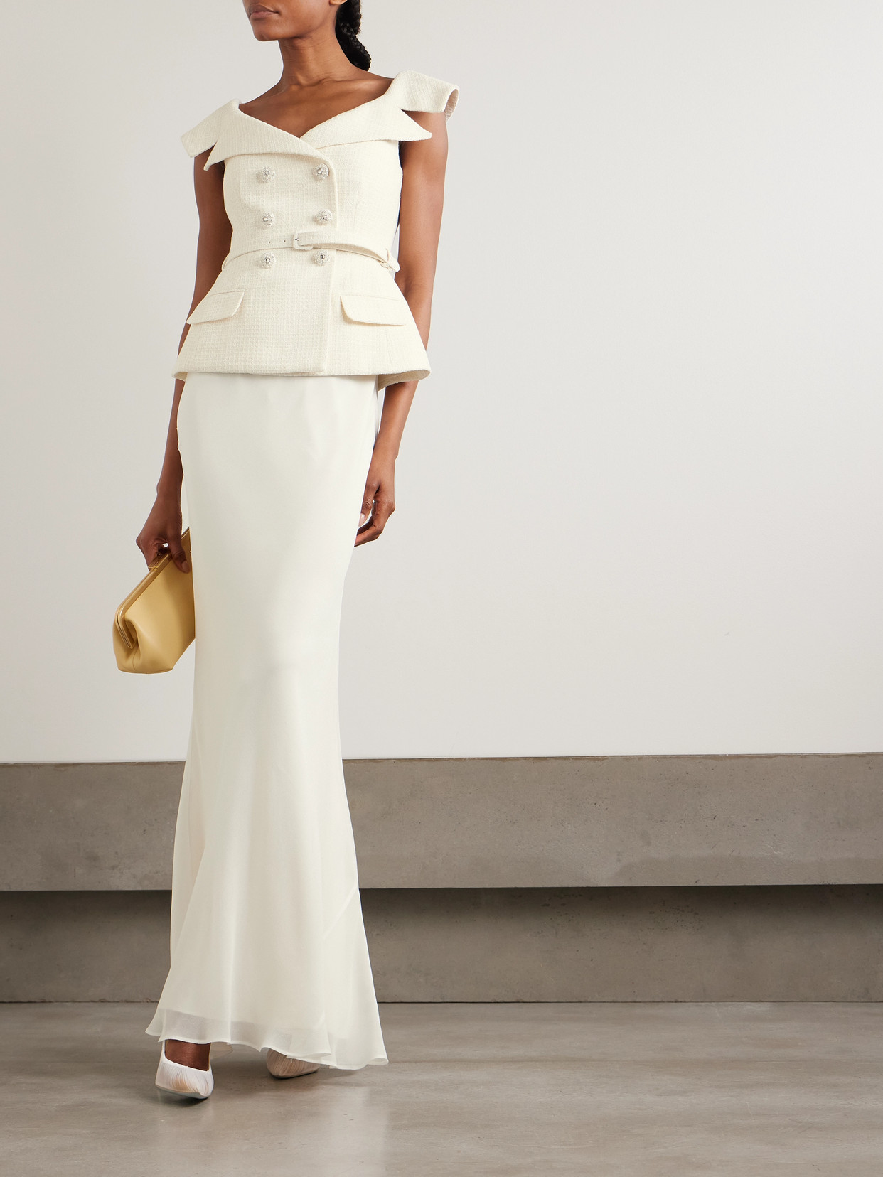 Off-the-shoulder Belted Metallic Bouclé And Crepe Maxi Dress - Cream