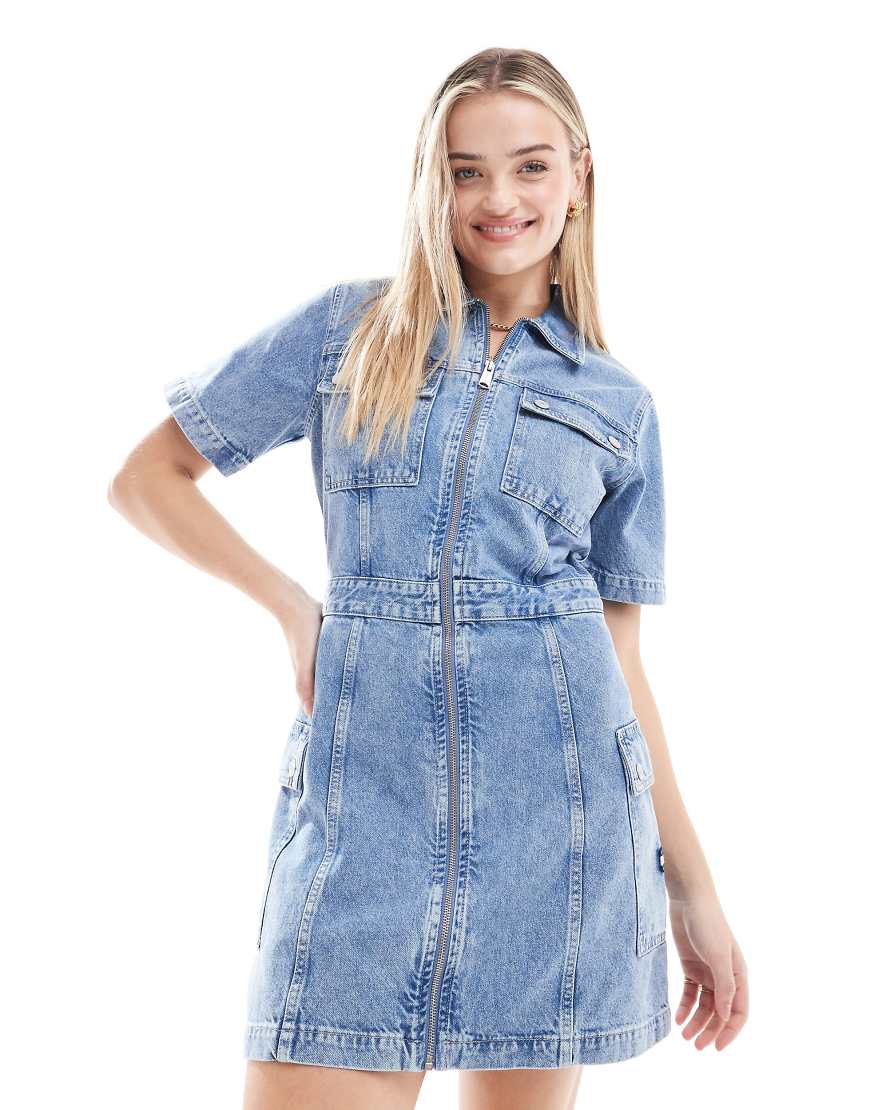 Denim zip through dress in mid wash-Blue