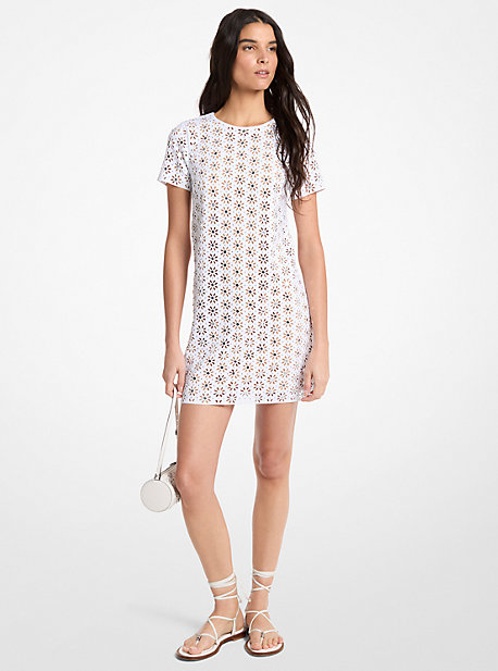 Mirror-Embellished Floral Laser-Cut Scuba Dress