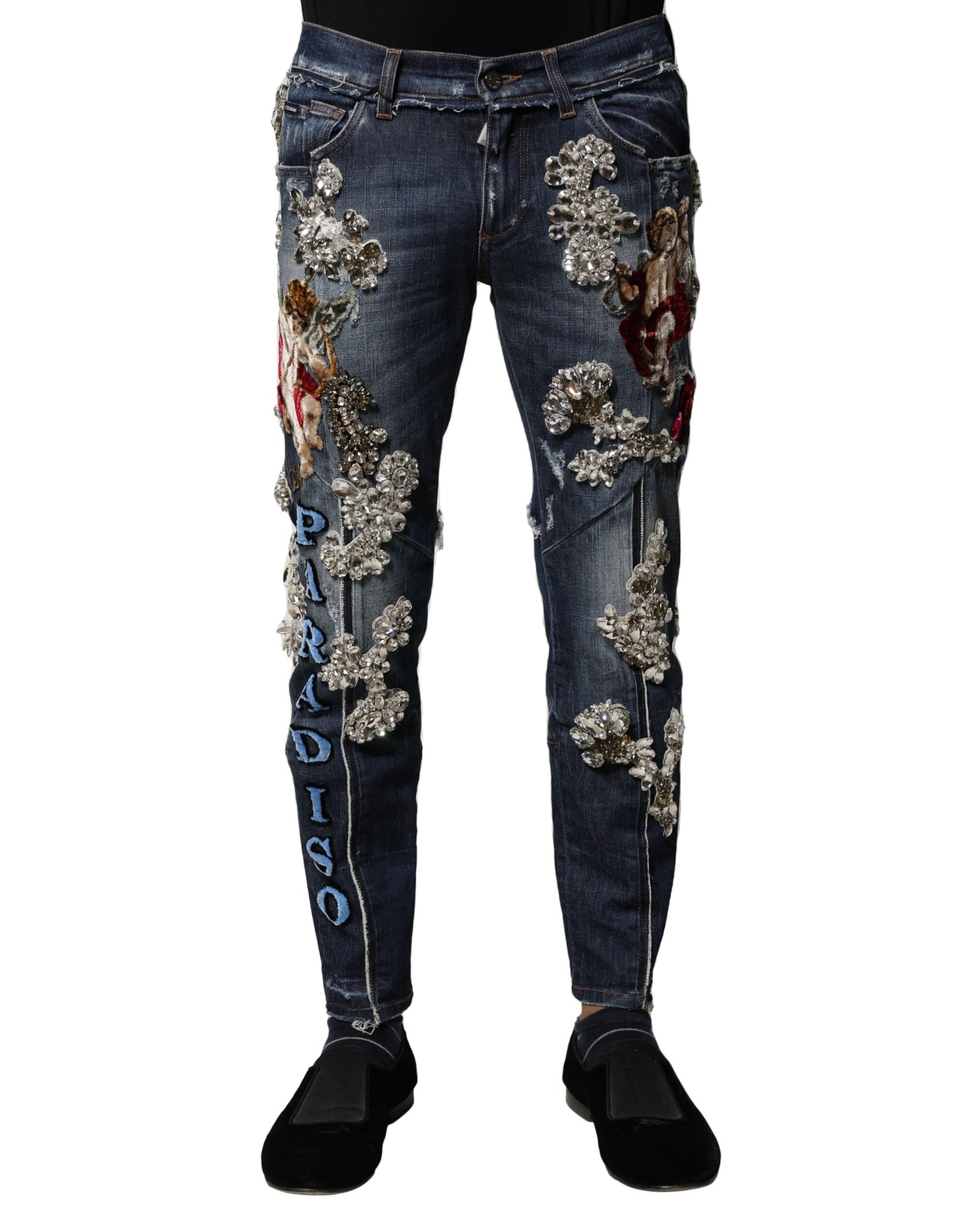 Rhinestone-Embellished Jeans — Blue