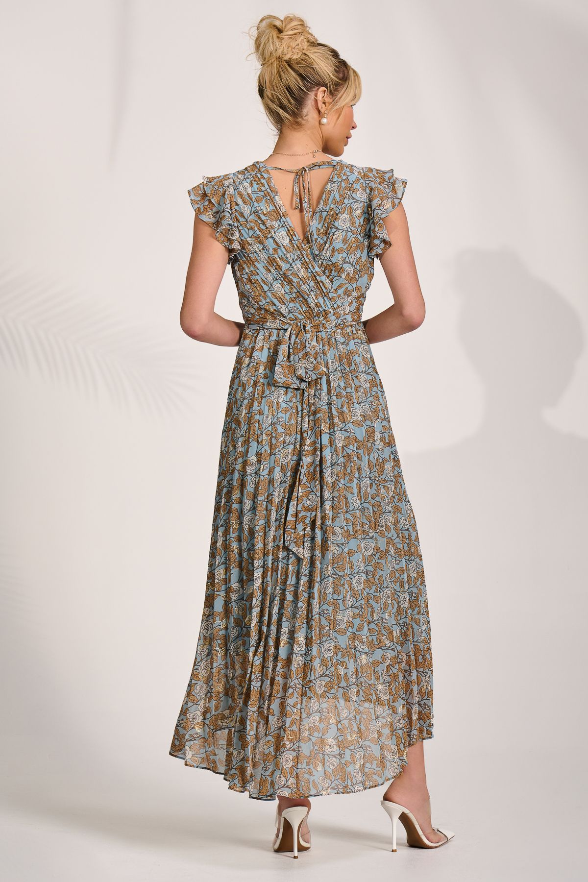 Jolie Moi Pleated Chiffon Dip Hem Maxi Dress In Blue