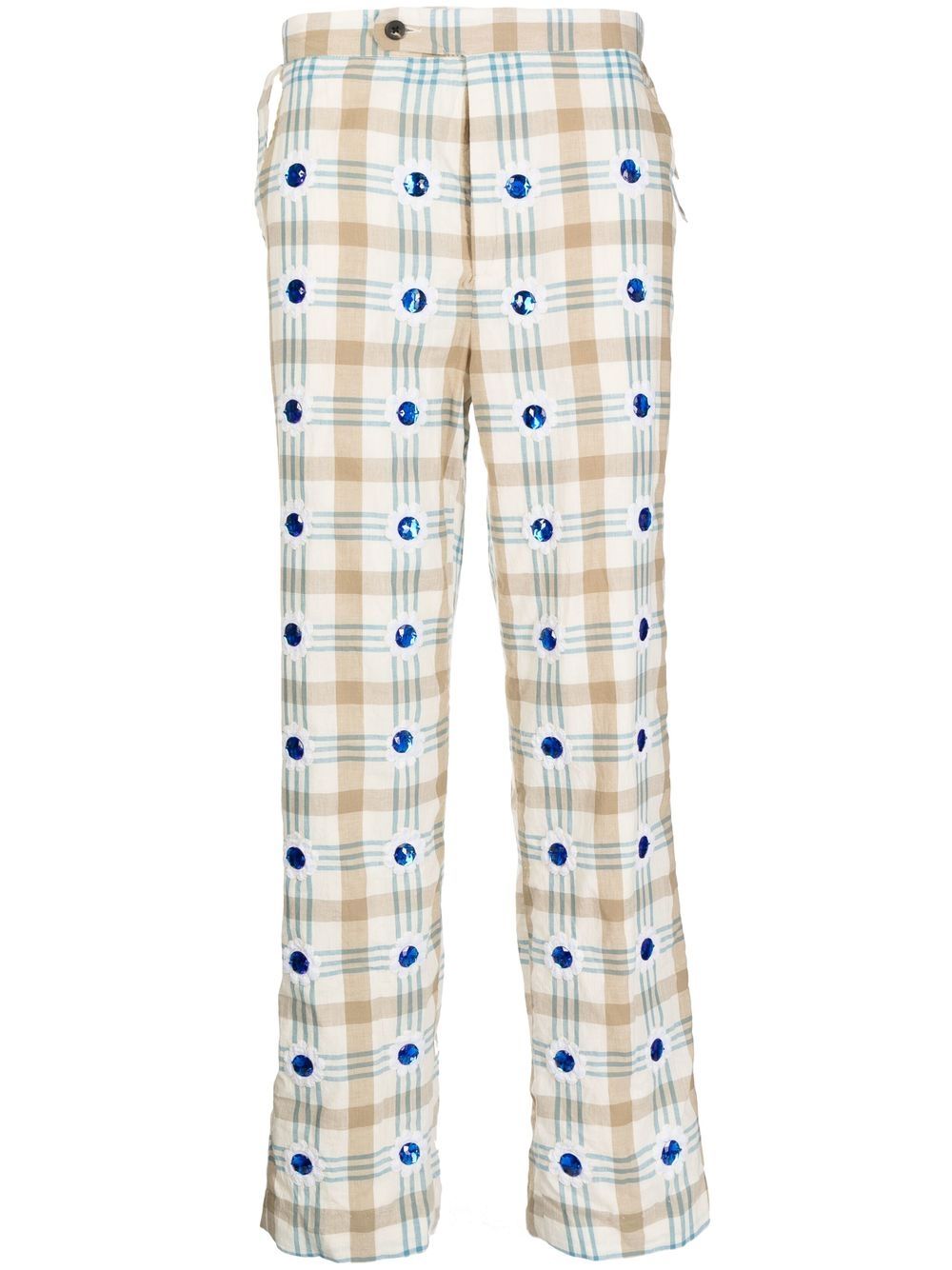 Embellished checked straight-leg trousers - White