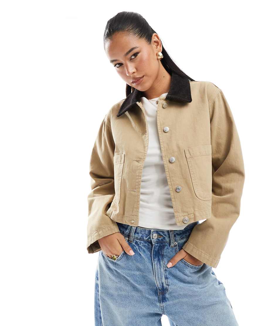ASOS DESIGN crop denim barn jacket in stone-Neutral