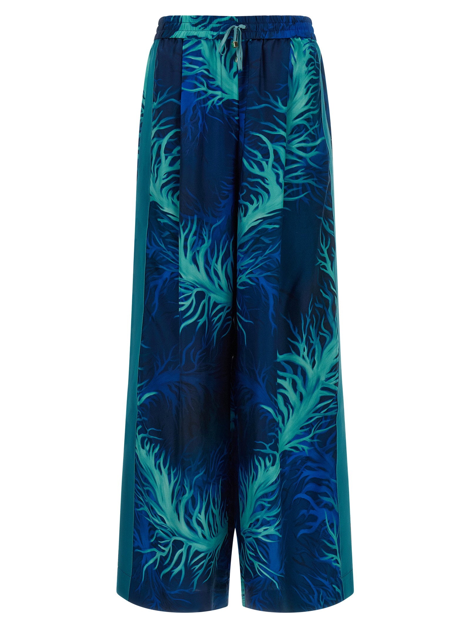 Coral-Print Silk Twill Pants — Navy