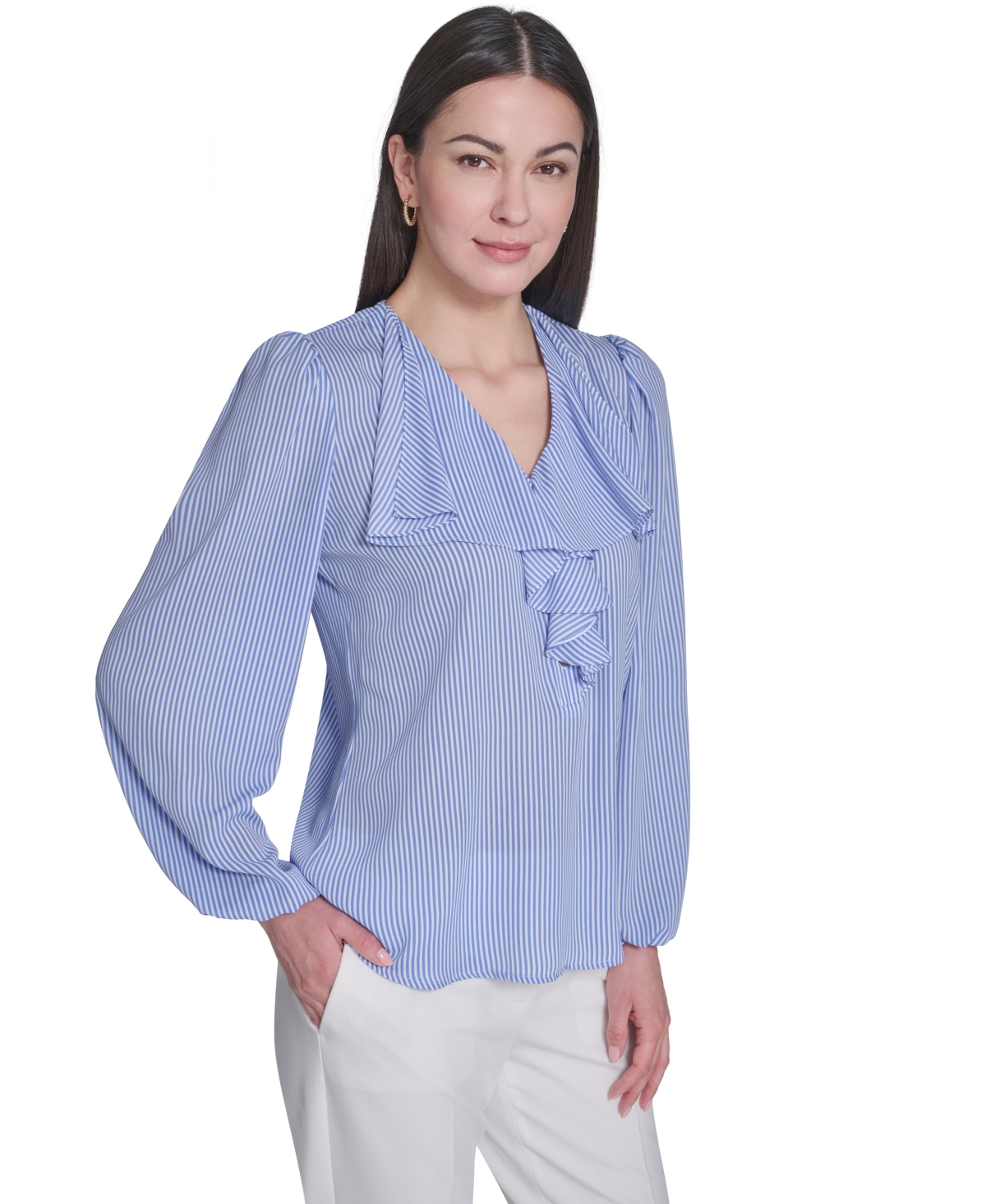 Women's V-Neck Striped Ruffle Blouse - French Blue/Ivory