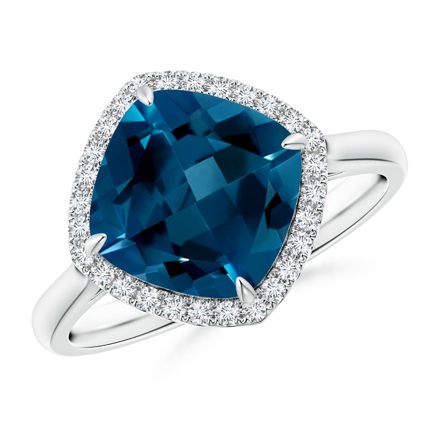 Angara 3.3 Carats Claw-Set Cushion London Blue Topaz Cocktail Halo Ring in Platinum