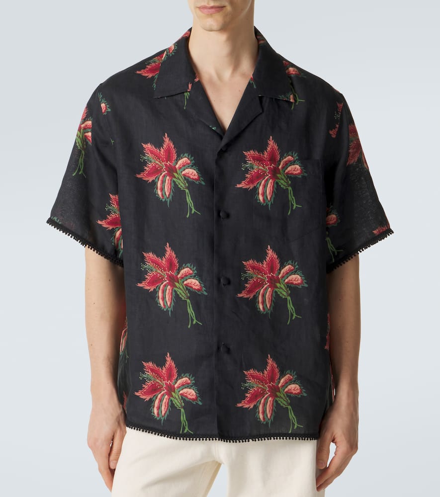 Floral lace-trimmed linen bowling shirt