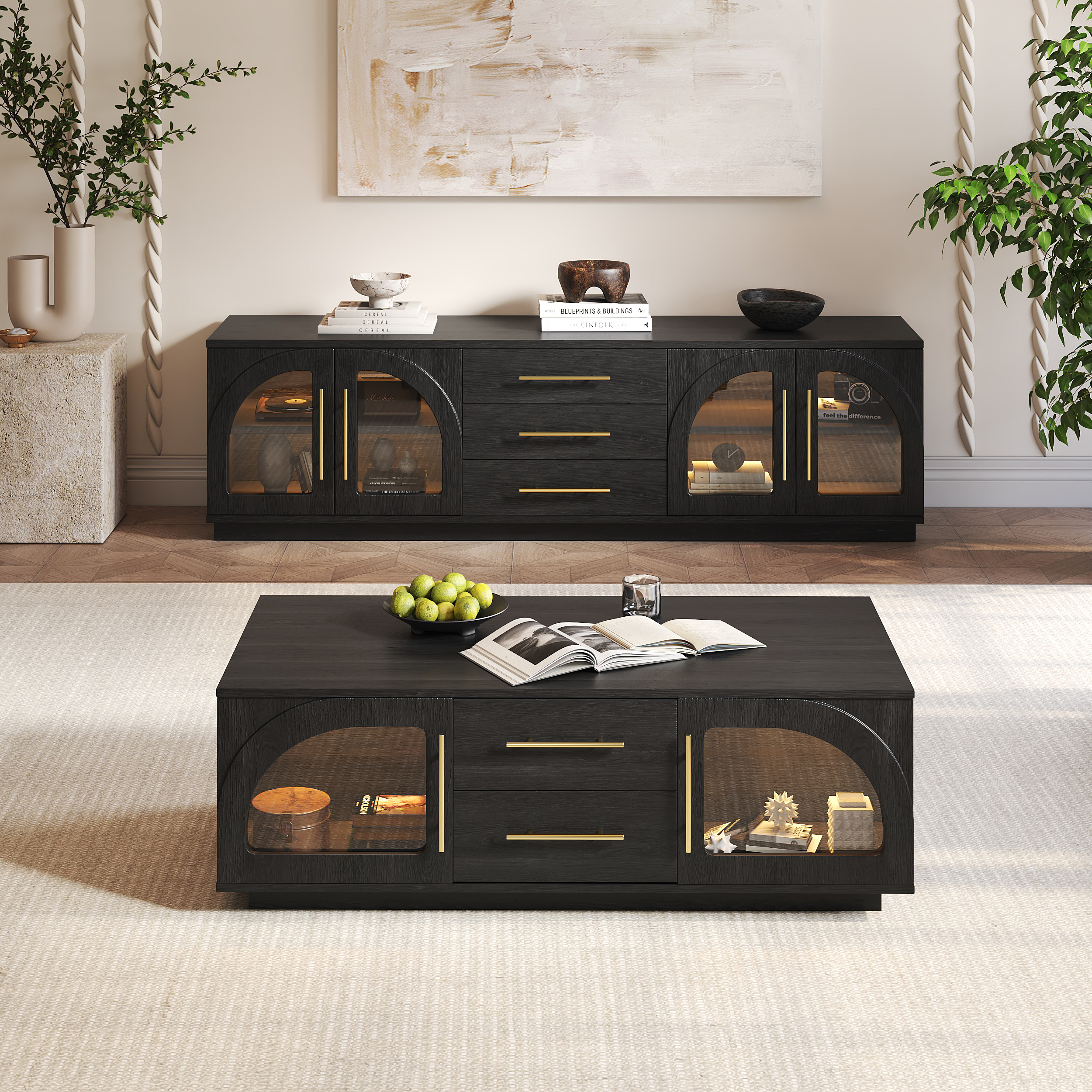 Arune 80" Mid Century Modern Black TV Stand Coffee Table Set with LED Lights and Arched Glass Cabinet Door