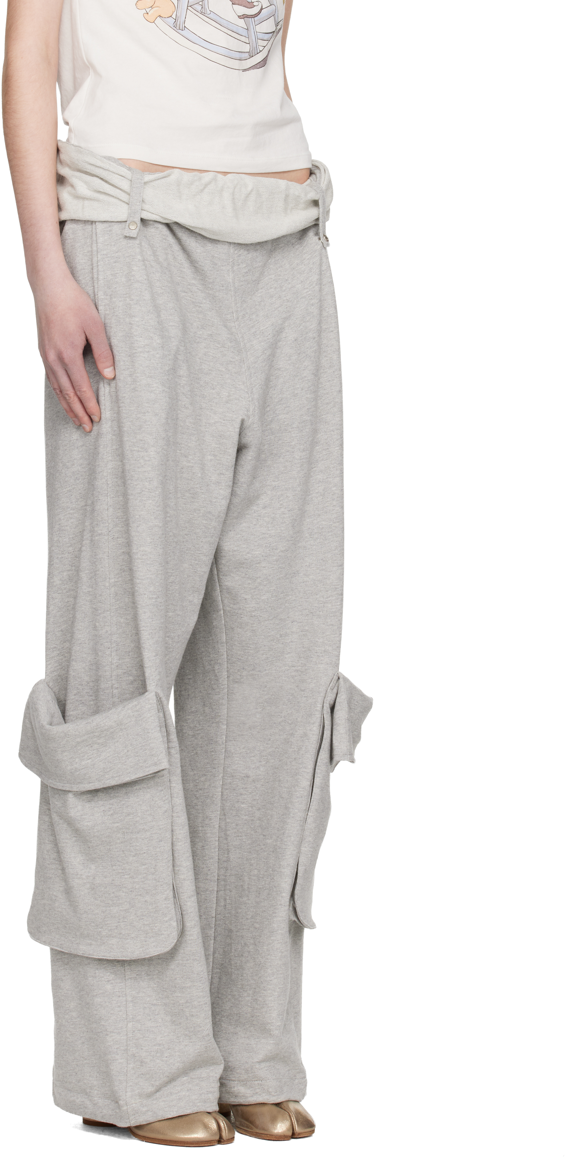 Gray Rolled Waist Sweat Cargo Pants