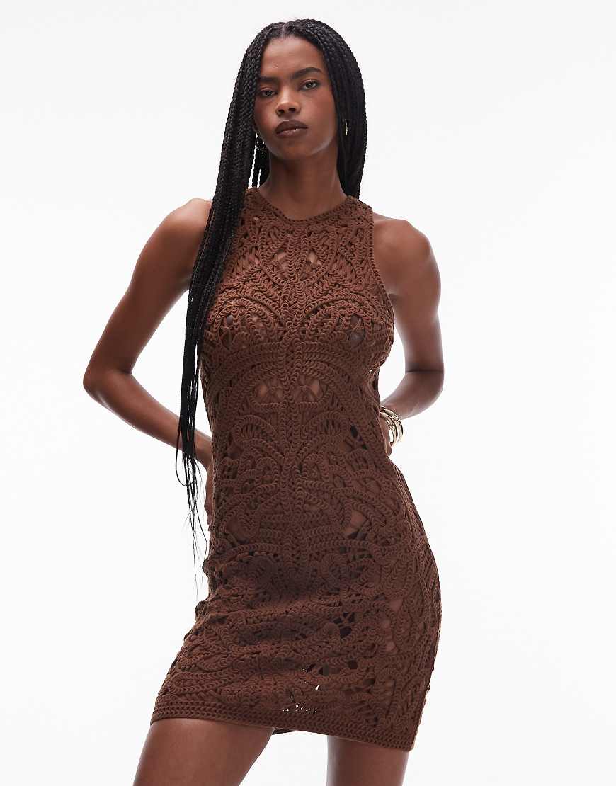 Knitted crochet mini dress in chocolate-Brown
