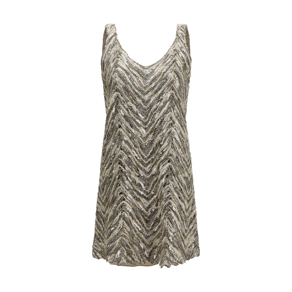 Sequin Herringbone Dress — Beige