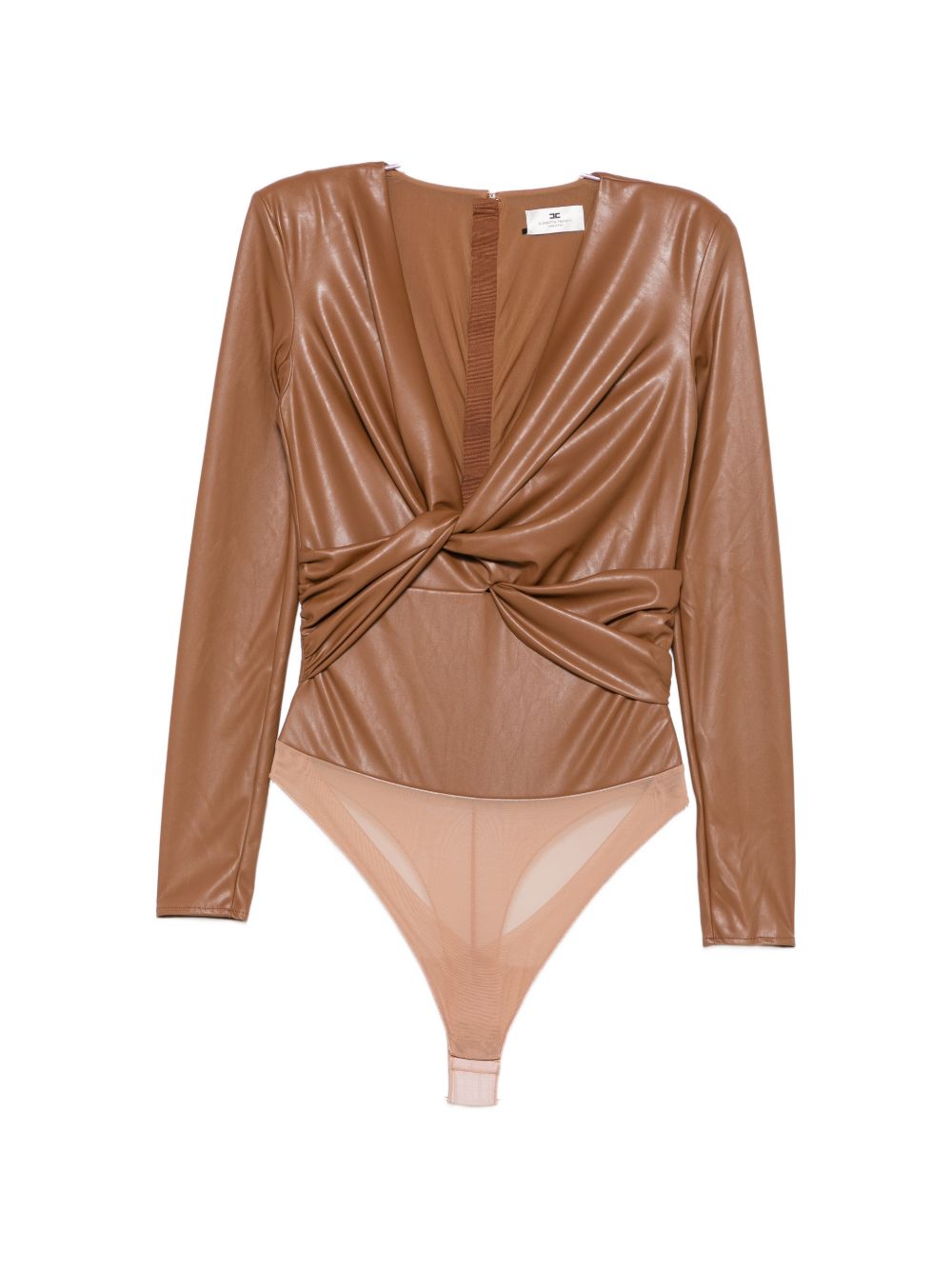 Faux-Leather Twist-Detail Bodysuit — Brown