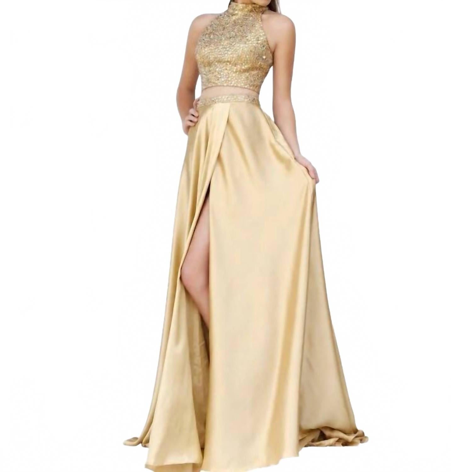 Two Piece Beaded Halter High Slit Gown In Gold