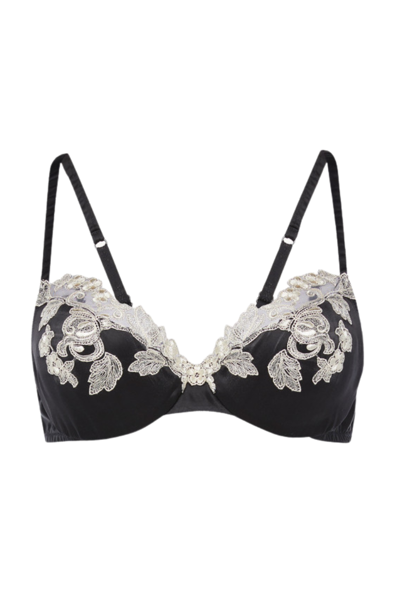 Silk Frastaglio-Embroidered Underwired Bra — Black