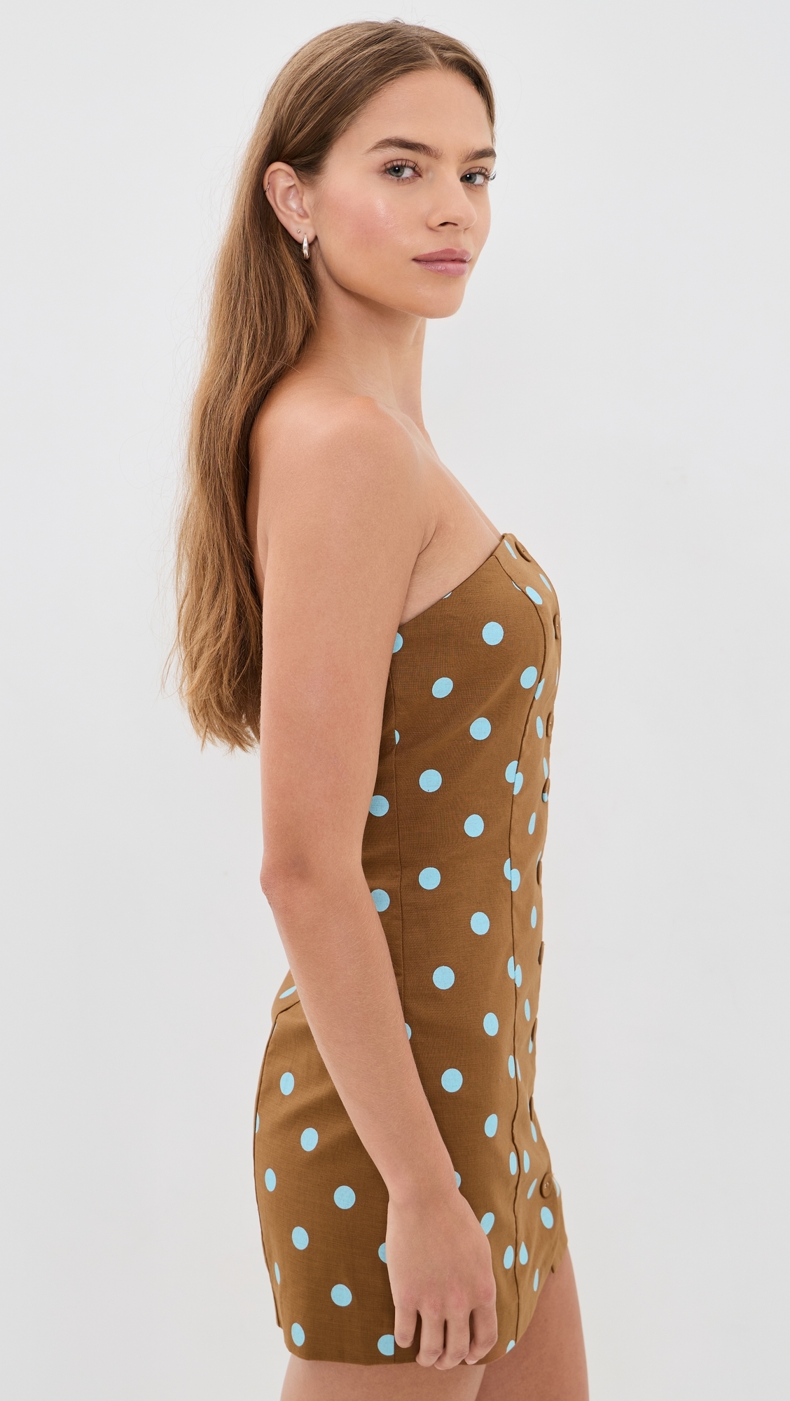 Polka Dot Linen Strapless Dress Icy Blue/Brown