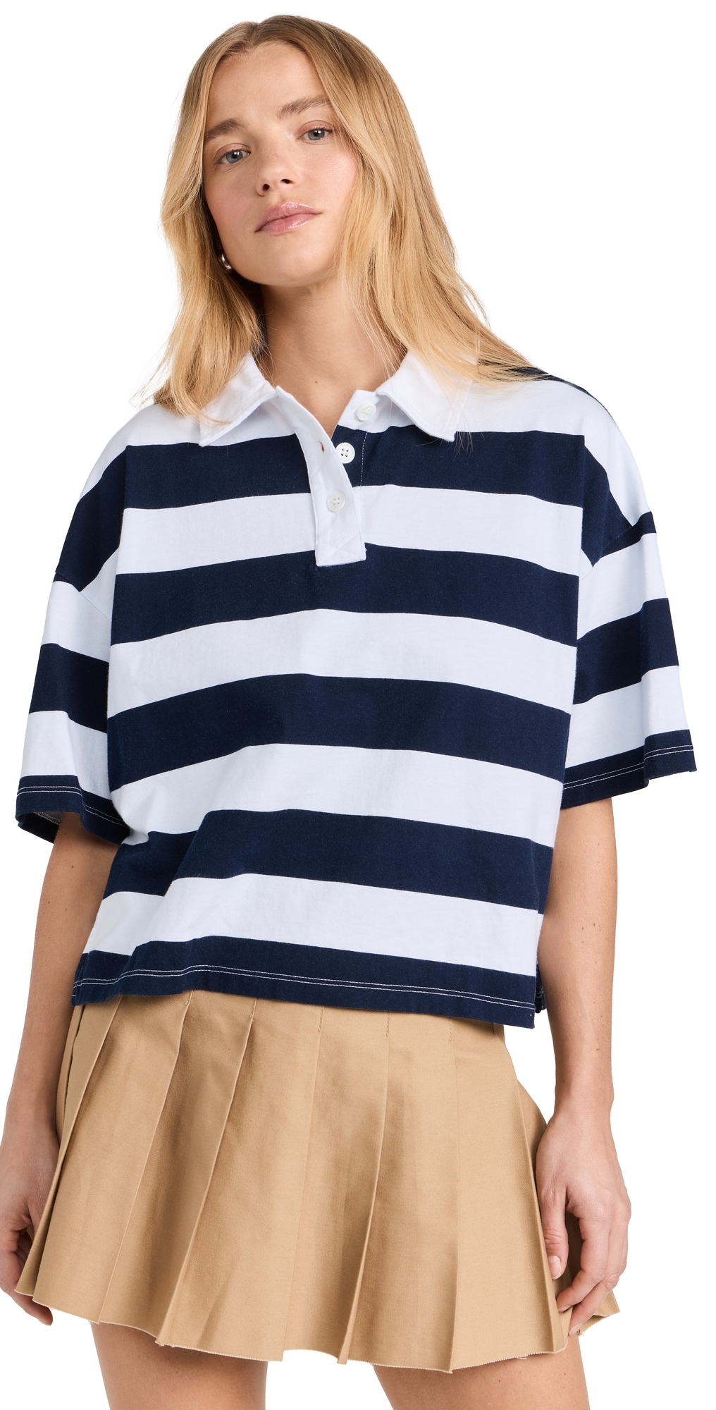 Navy Rugby Stripe Short Sleeve Boxy Polo White