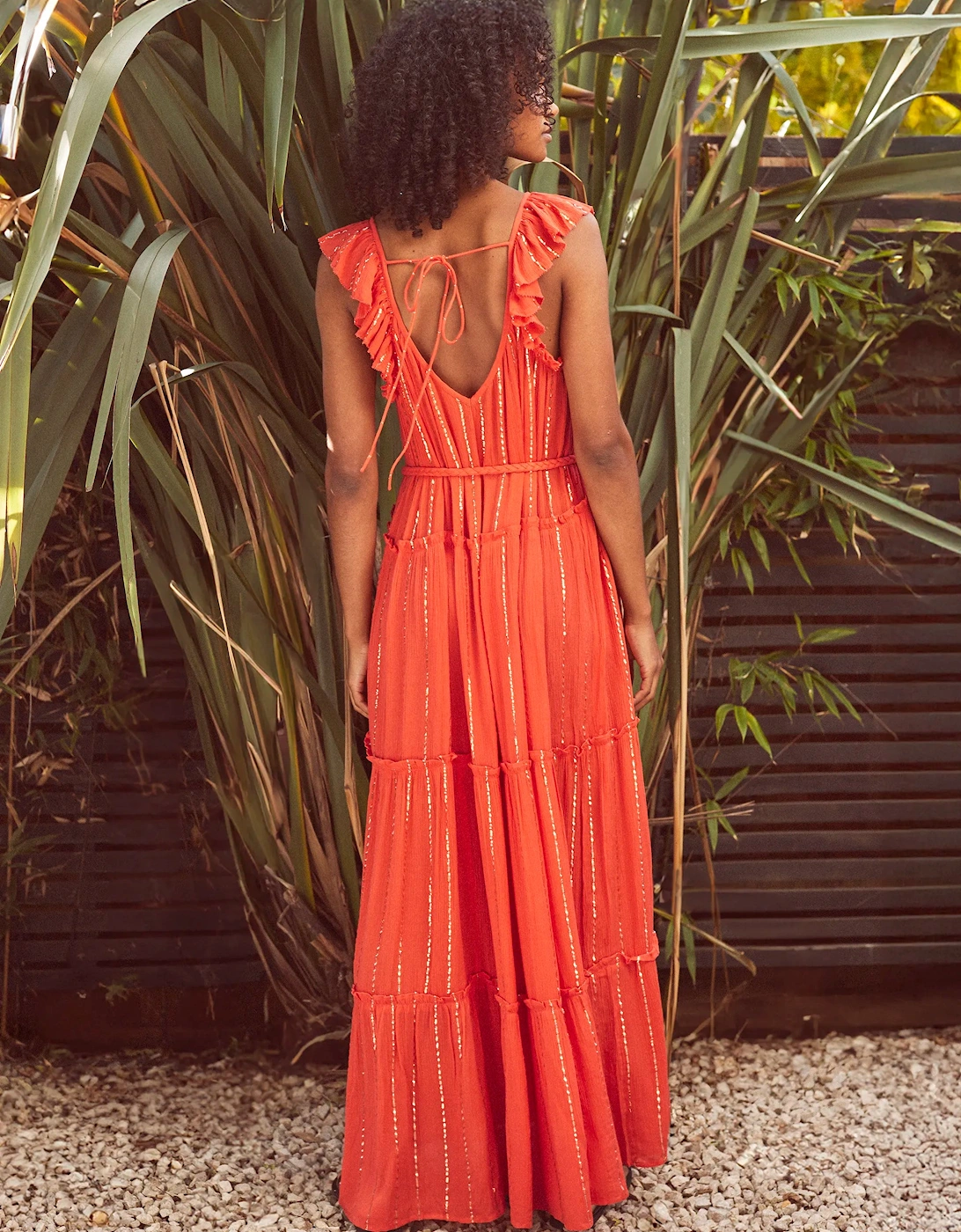 RO&ZO Women's Petite Coral Lurex Tiered Maxi Dress - Pink/Orange/Red