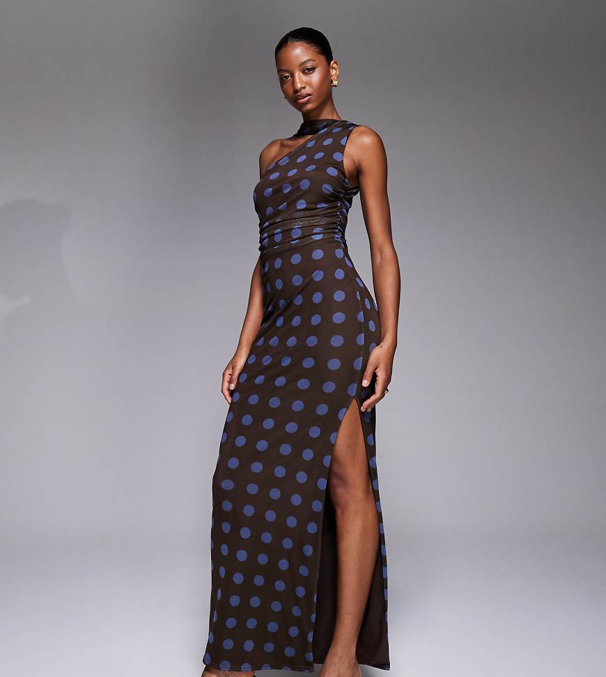 Exclusive double layered slinky mesh one shoulder scarf detail maxi dress in brown and blue polka dot-Multi