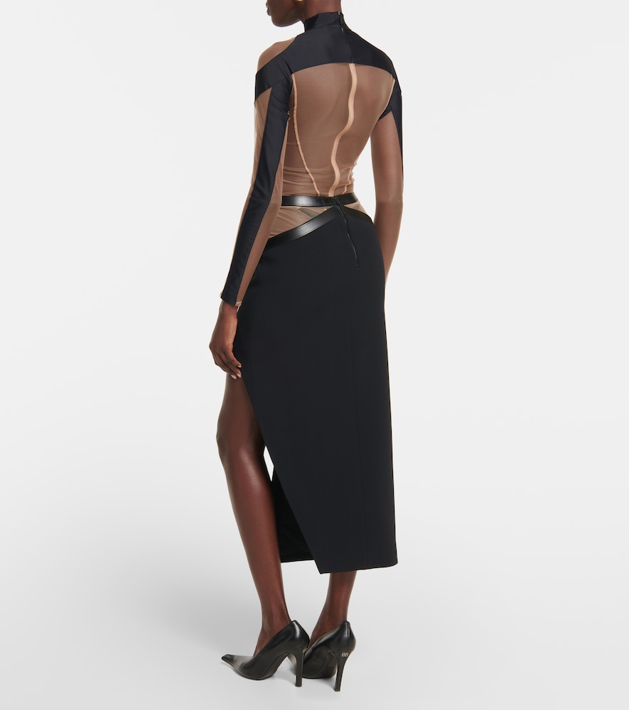 Leather-trimmed midi skirt