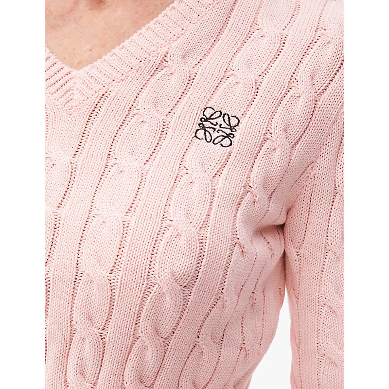 Womens Baby Pink Branded V-neck Cotton-knitted Jumper