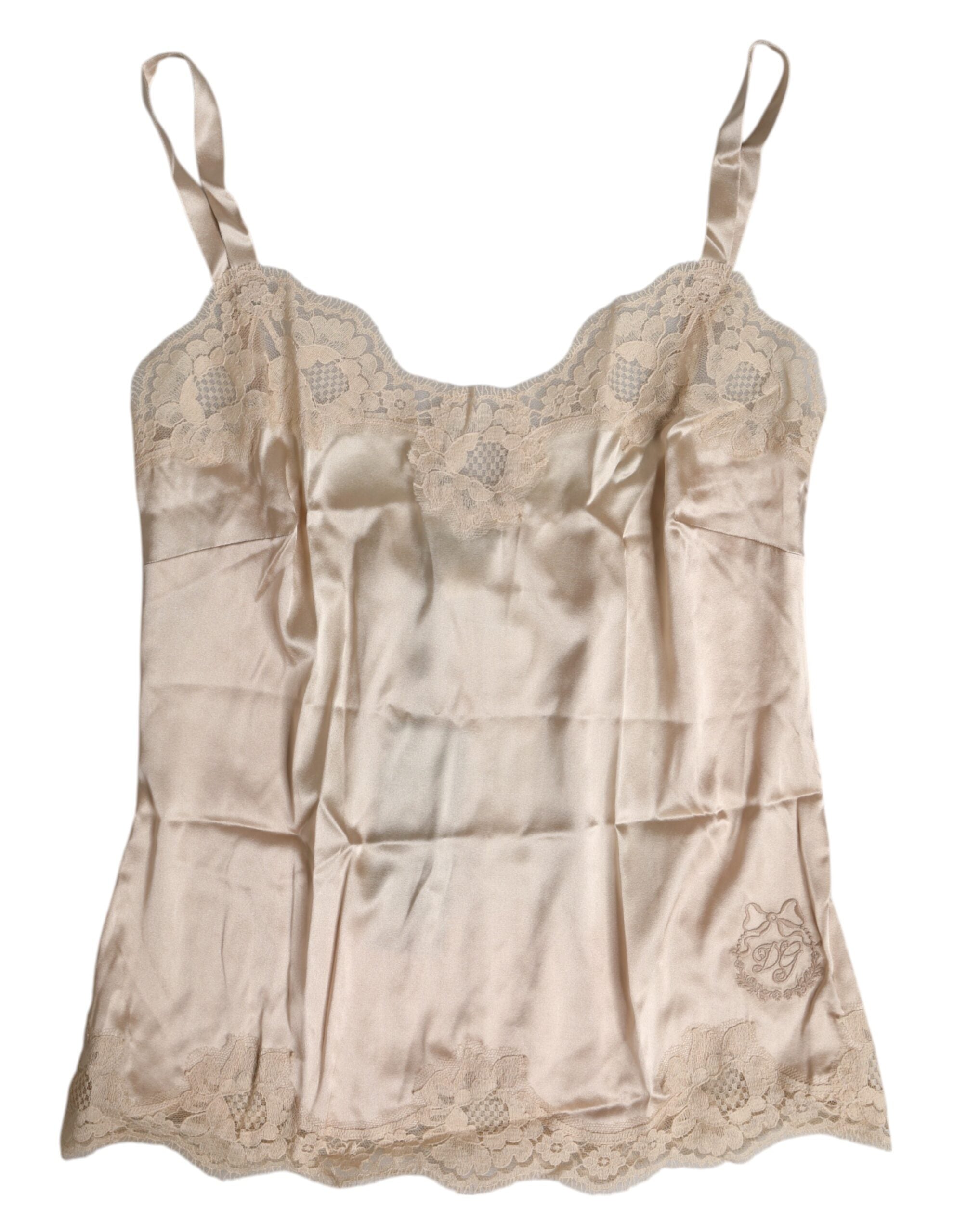 Lace-Trimmed Silk Satin Tank Top — Beige