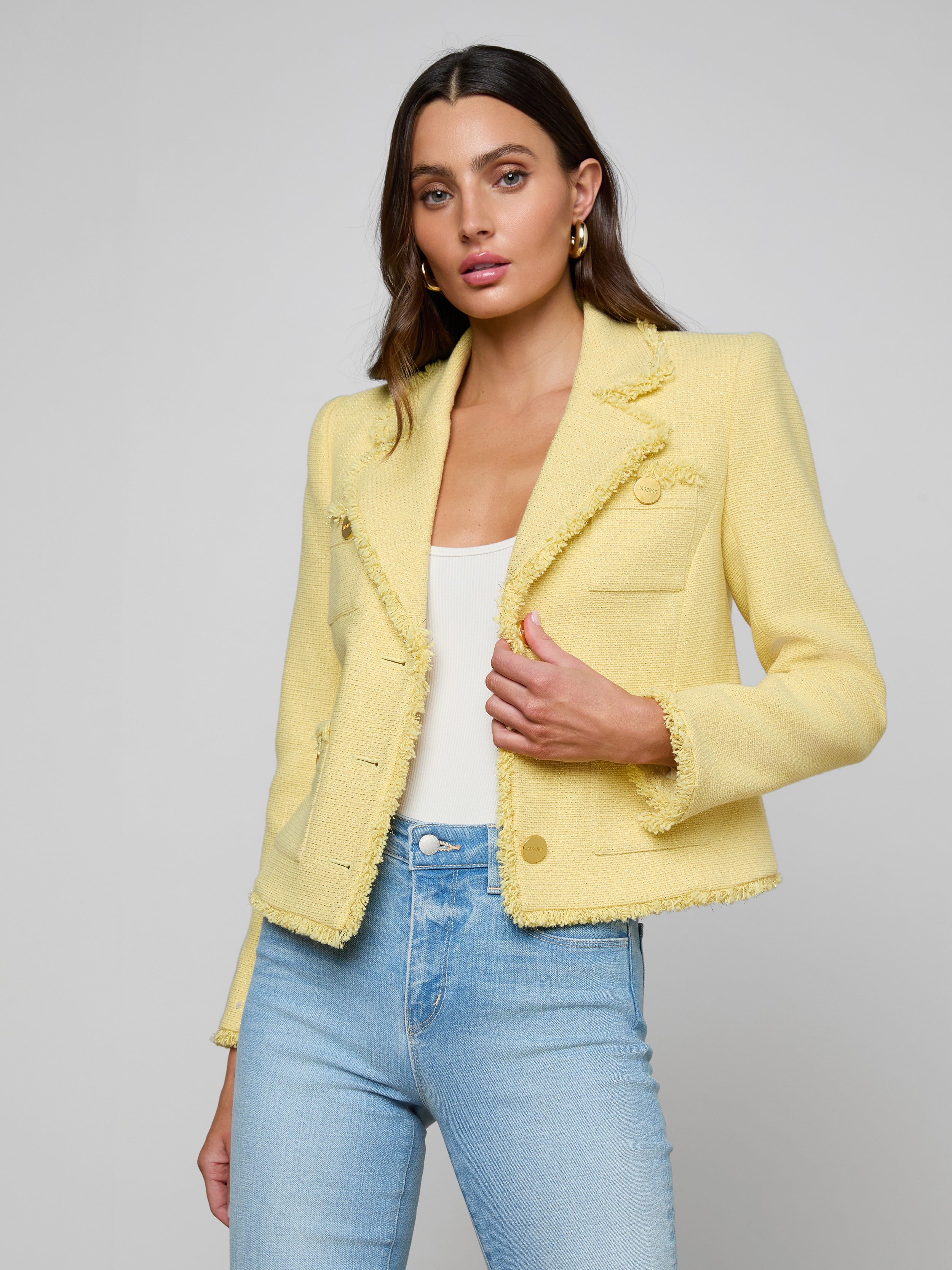 Sylvia Tweed Jacket In Pale Yellow/light Gold