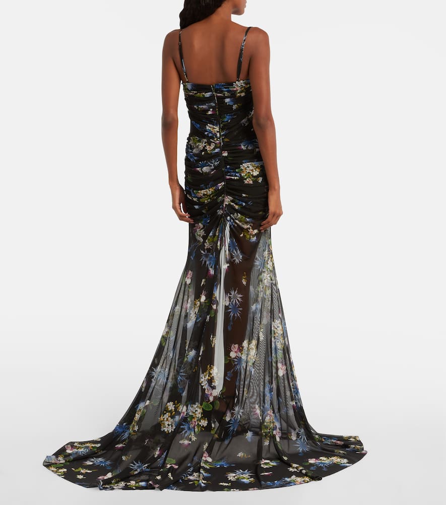 Floral ruched sheer gown