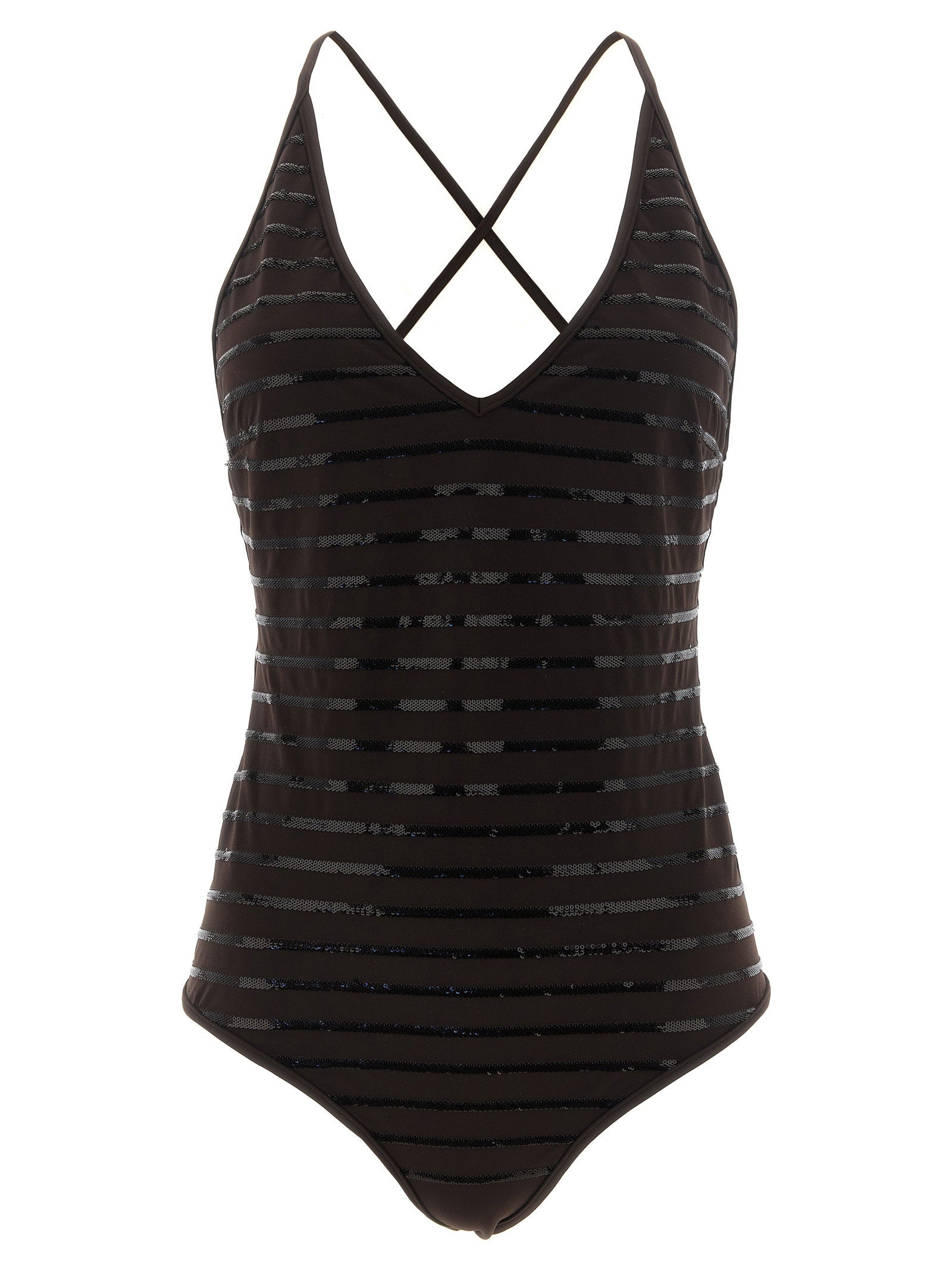Sequin-Striped One-Piece Swimsuit — brown