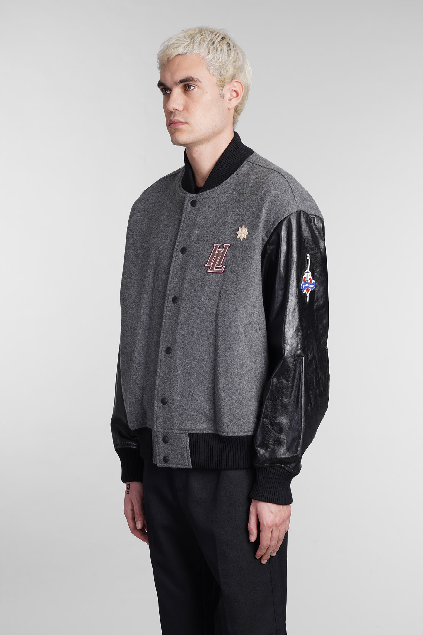 Bomber In Grey Leather And Fabric