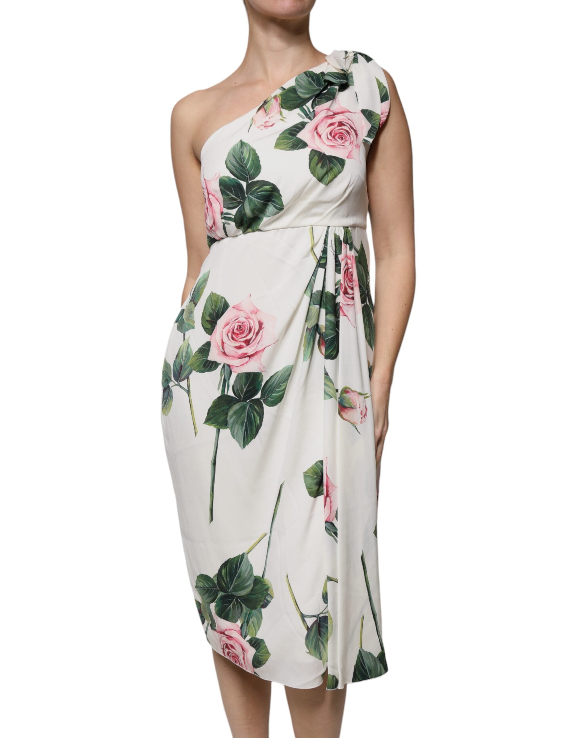 Floral Silk One-Shoulder Dress — White
